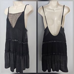 POL Tiered Mini Slip Dress Womens Sz M Black Gray Embroidered Mesh Backless Boho